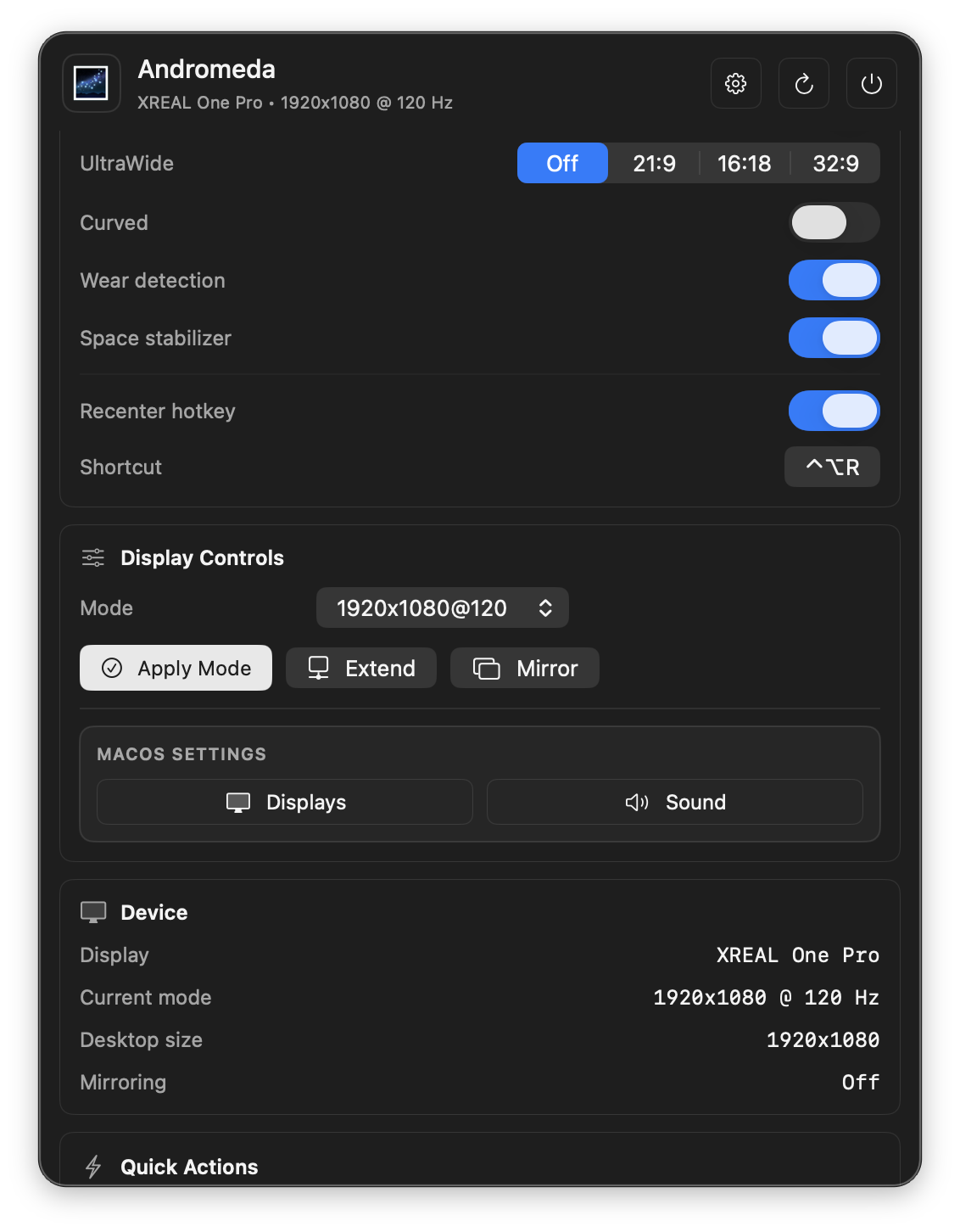 Andromeda menu display controls and quick actions